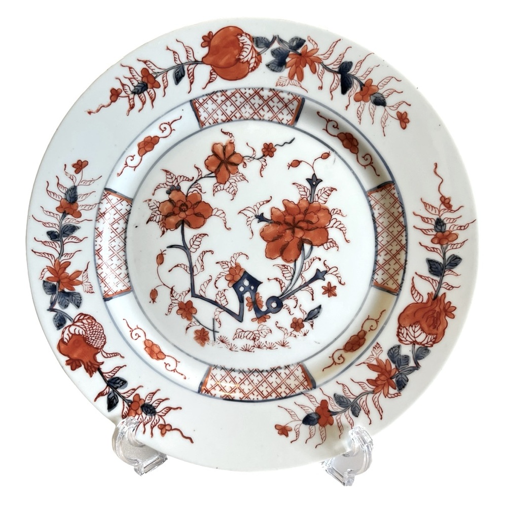 Chinese Imari(4 Plate set) Vintage Hand-painted Blue and Peach, Blossoms/Fruit